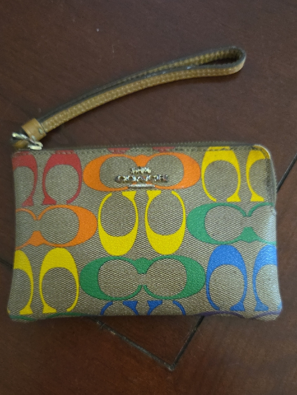Coach Multicolor Logo Wristlet in Brown, Red, Orange, Yellow, Green, Blue - Picture 1 of 4